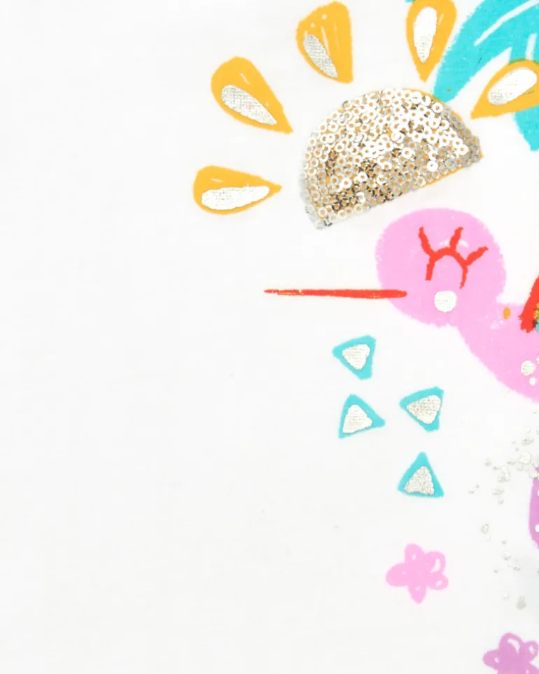 T-shirt blanc pour fille avec colibri tropical et paillettes