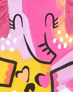 T-shirt blanc pour fille avec volants fuchsia aux épaules