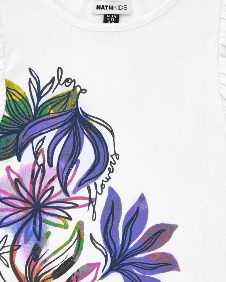 T-shirt blanc pour fille avec manches à volants et imprimé fleuri.