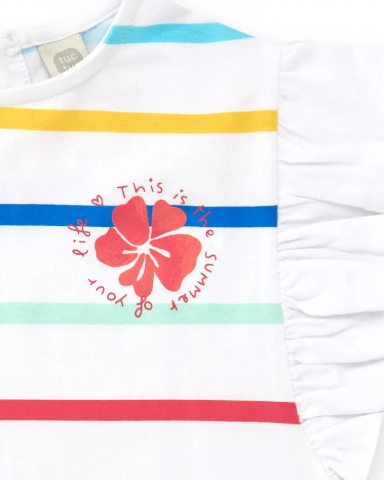 T-shirt blanc pour fille avec rayures multicolores et volants