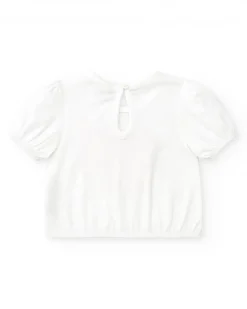 T-shirt blanc pour fille avec manches bouffantes et fronces