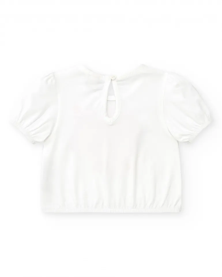 T-shirt blanc pour fille avec manches bouffantes et fronces