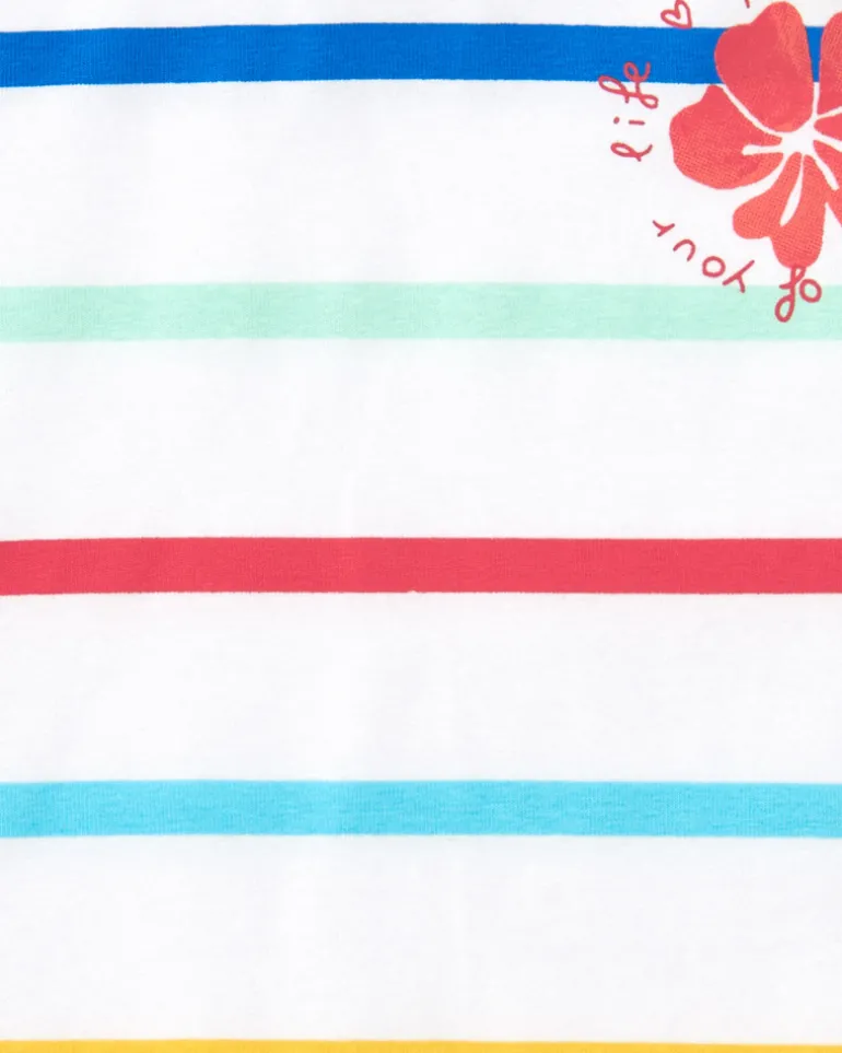 T-shirt blanc pour fille avec rayures multicolores et volants