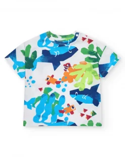 T-shirt blanc pour garçon avec poissons et plantes marines