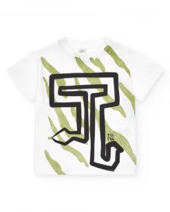 T-shirt blanc pour garçon avec imprimé et lettres en vert et noir