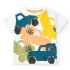 T-shirt blanc pour garçon avec véhicules multicolores et fermeture à l’