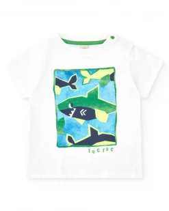 T-shirt blanc pour garçon avec requins verts et bleus
