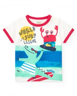 T-shirt blanc pour garçon avec bordures rouges et imprimé de crocodile