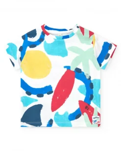 T-shirt blanc pour garçon avec imprimé estival et fermeture à l’