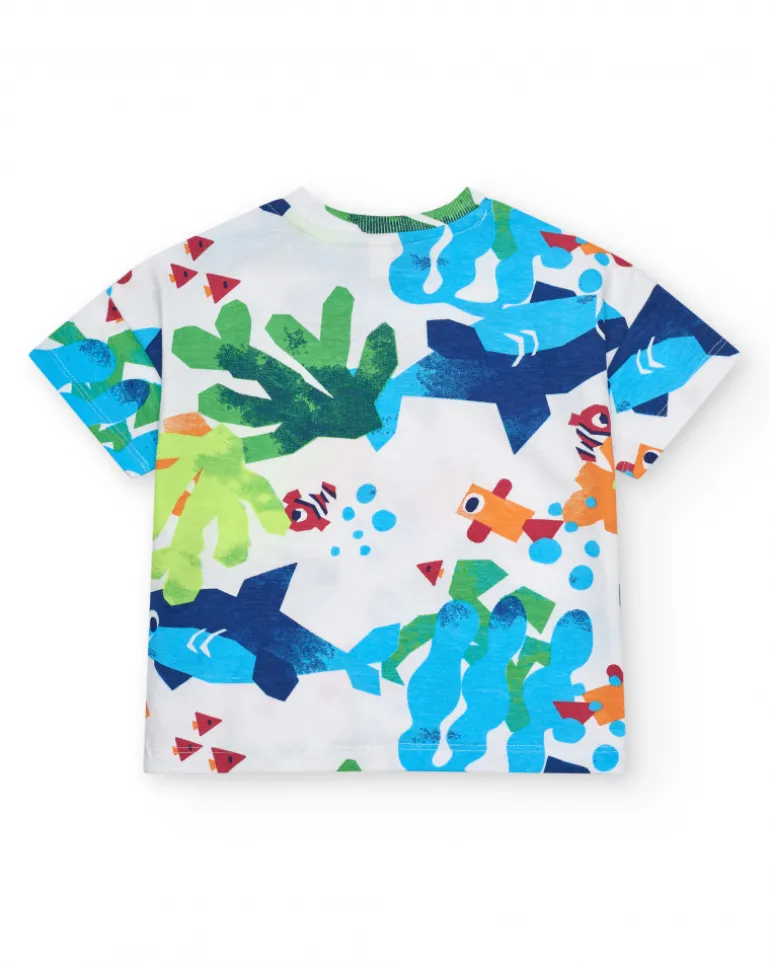 T-shirt blanc pour garçon avec poissons et plantes marines