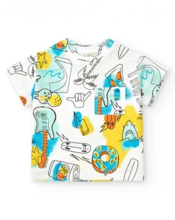 T-shirt blanc pour garçon avec guitares et donuts