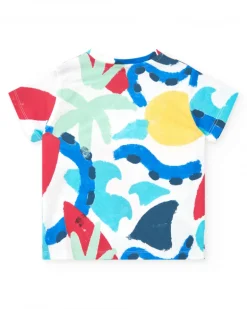 T-shirt blanc pour garçon avec imprimé estival et fermeture à l’