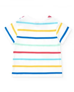 T-shirt blanc pour garçon avec rayures et imprimé de pieuvre