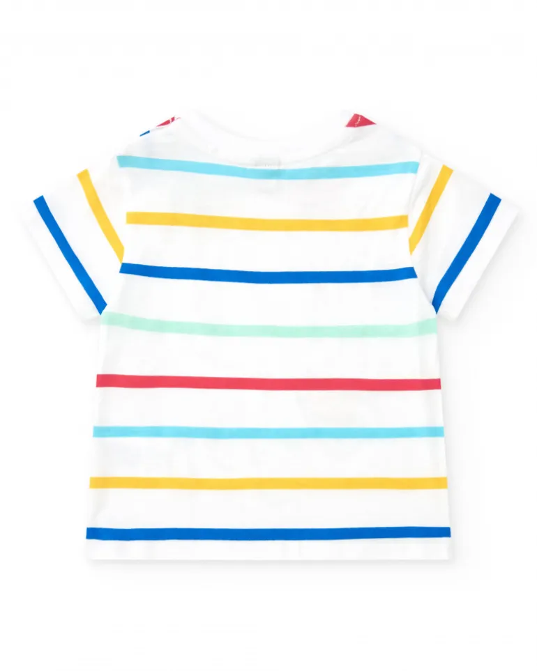 T-shirt blanc pour garçon avec rayures et imprimé de pieuvre