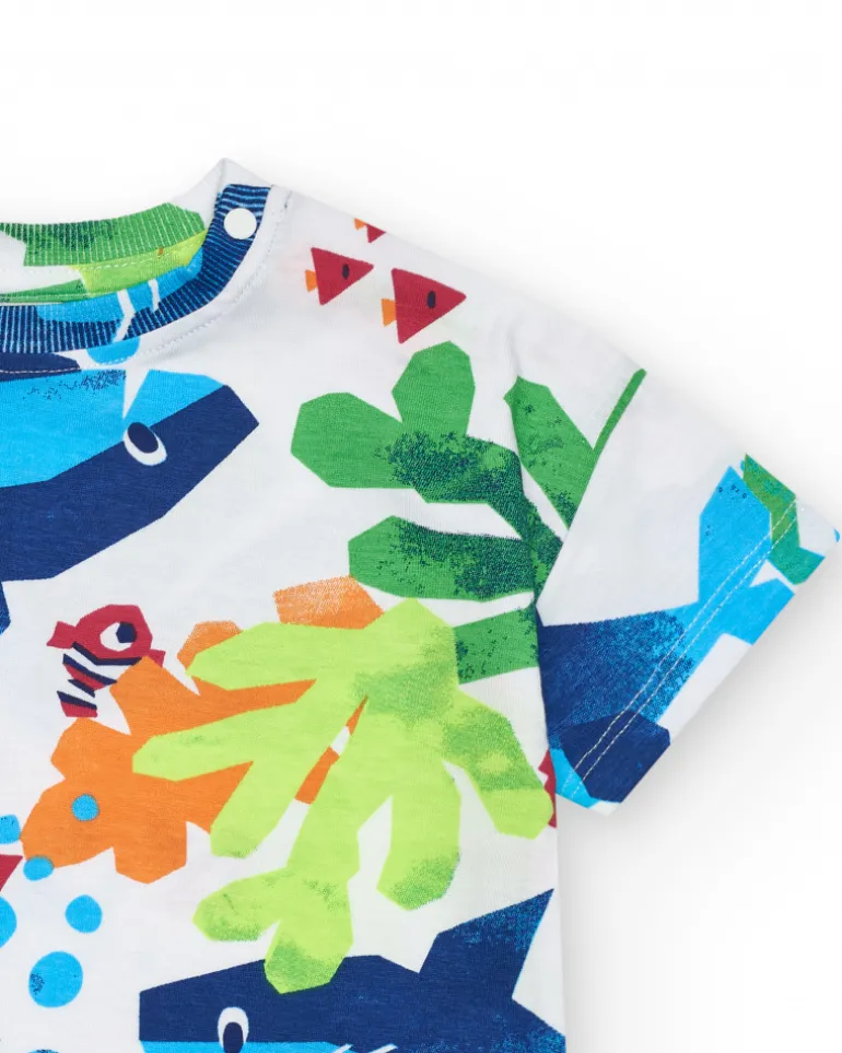 T-shirt blanc pour garçon avec poissons et plantes marines