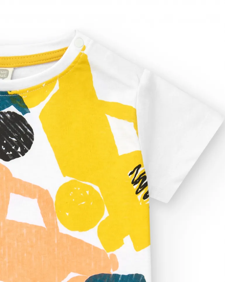T-shirt blanc pour garçon avec véhicules multicolores et fermeture à l’