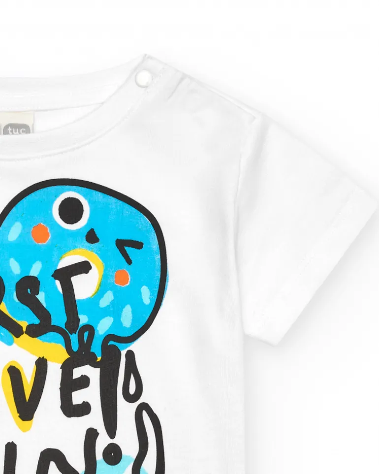 T-shirt blanc pour garçon avec pizzas et phrases