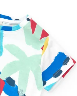 T-shirt blanc pour garçon avec imprimé estival et fermeture à l’