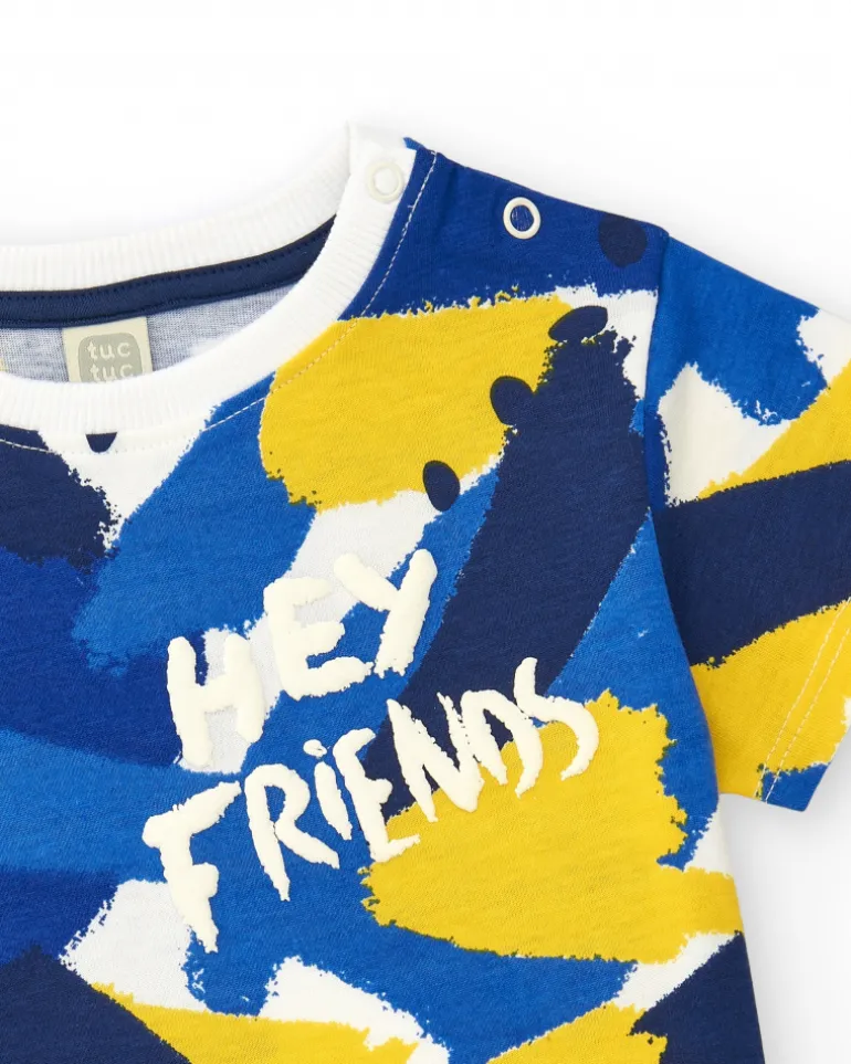 T-shirt bleu et jaune pour garçon avec boutons au col