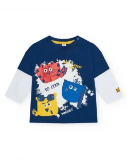 T-shirt bleu marine pour garçon avec manches blanches et écusson