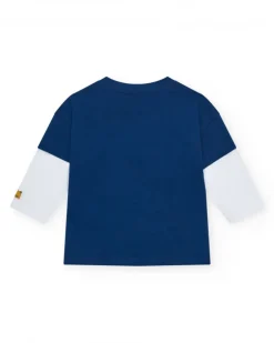 T-shirt bleu marine pour garçon avec manches blanches et écusson