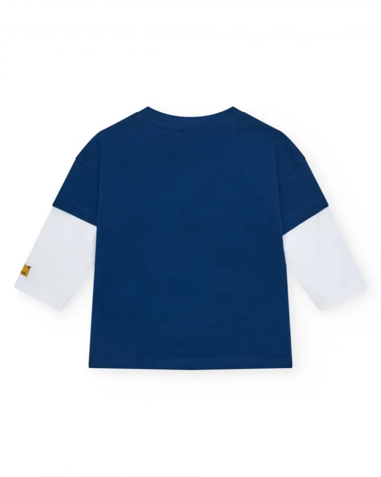 T-shirt bleu marine pour garçon avec manches blanches et écusson