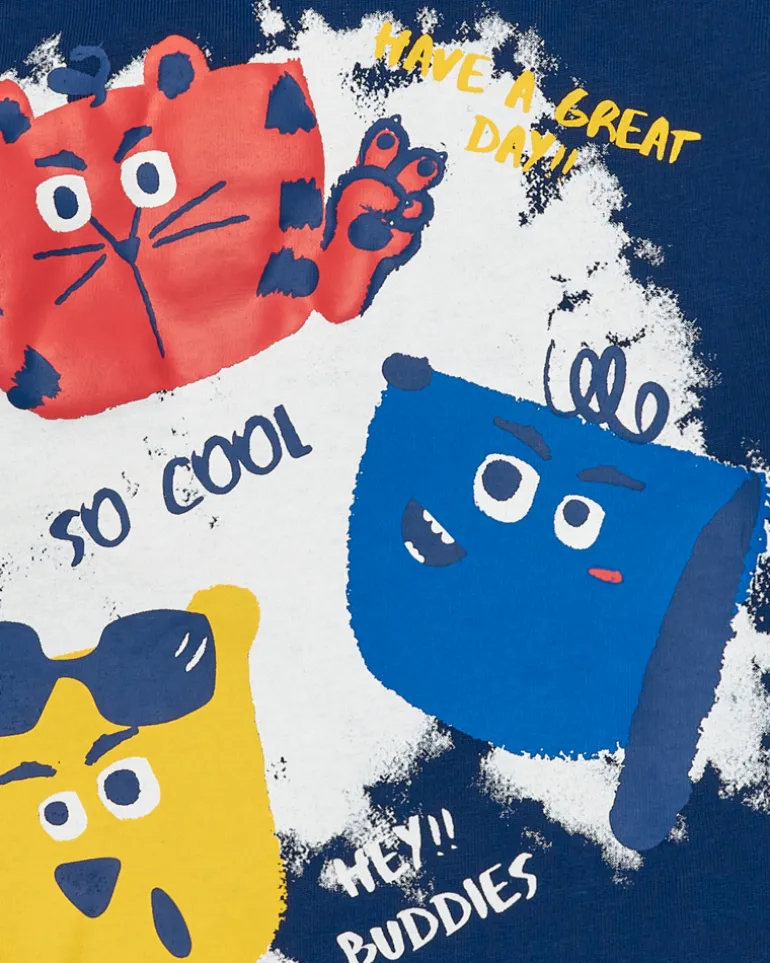T-shirt bleu marine pour garçon avec manches blanches et écusson