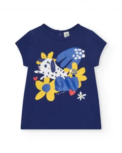 T-shirt bleu pour fille avec fleurs et boutons arrière