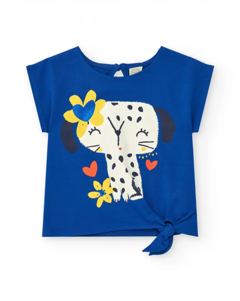 T-shirt bleu pour fille avec nœud latéral et bouton arrière