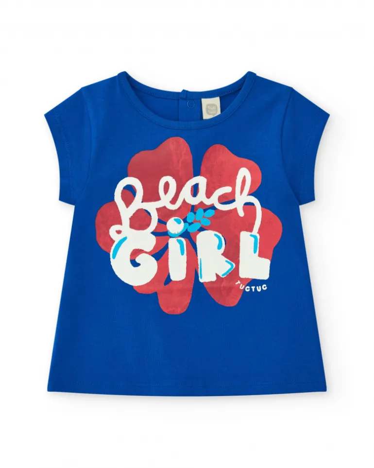 T-shirt bleu pour fille avec imprimé "Beach Girl" et fermeture arrière