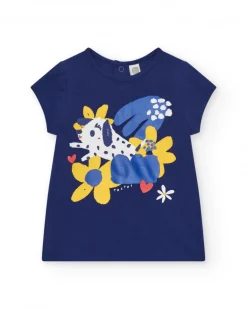 T-shirt bleu pour fille avec fleurs et boutons arrière