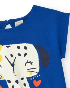 T-shirt bleu pour fille avec nœud latéral et bouton arrière