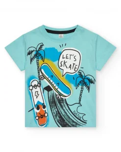 T-shirt bleu pour garçon avec skate et palmiers