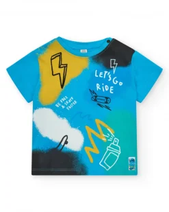 T-shirt bleu pour garçon avec trottinette et phrase