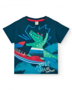 T-shirt bleu pour garçon avec crocodile surfeur et fermeture à l’