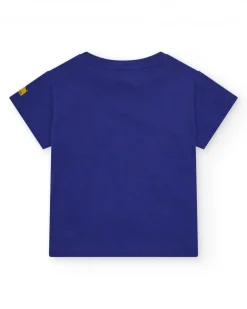 T-shirt bleu pour garçon avec chat et phrase "HEY!! BUDDIES"