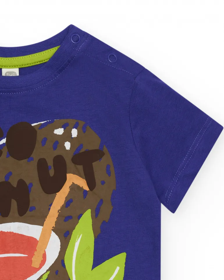 T-shirt bleu pour garçon avec noix de coco et texte "Coconut Milk Shake"