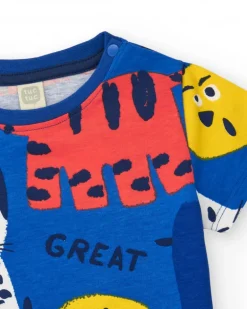 T-shirt bleu pour garçon avec imprimé nature et fermeture à l’