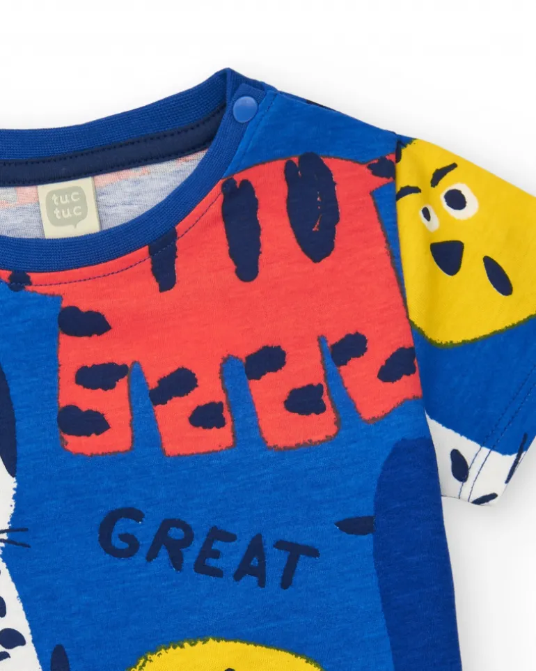 T-shirt bleu pour garçon avec imprimé nature et fermeture à l’