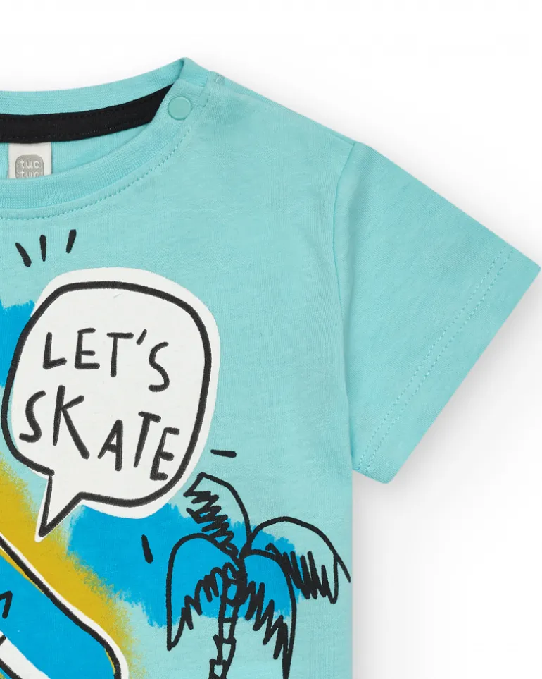 T-shirt bleu pour garçon avec skate et palmiers
