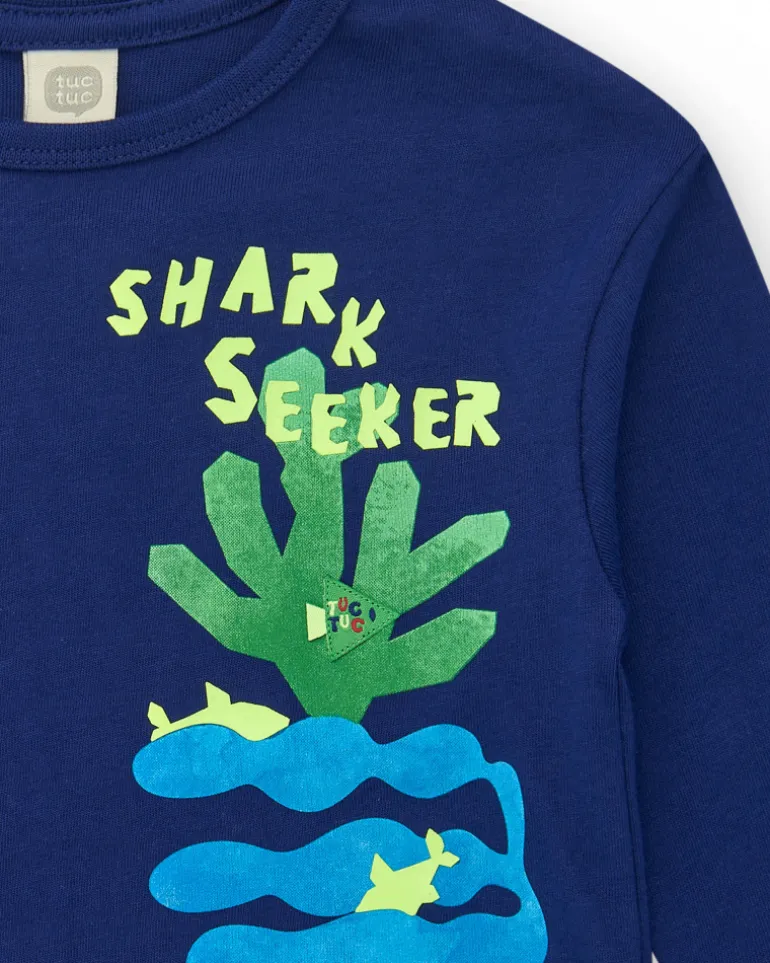 T-shirt bleu pour garçon avec requins et phrase