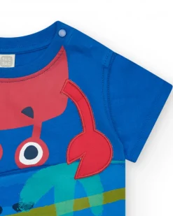 T-shirt bleu pour garçon avec imprimé de crabe et boutons à l’