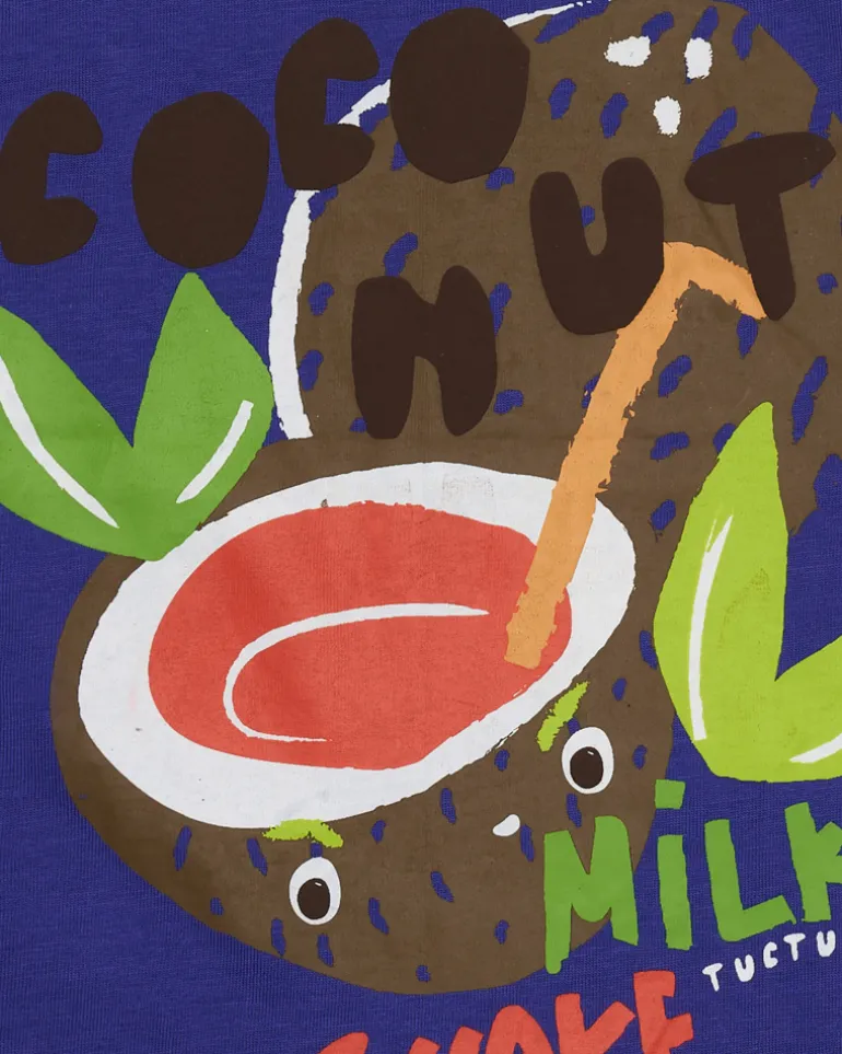T-shirt bleu pour garçon avec noix de coco et texte "Coconut Milk Shake"