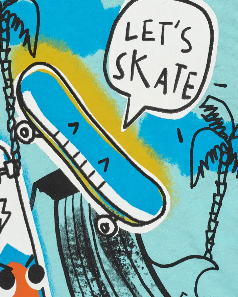 T-shirt bleu pour garçon avec skate et palmiers