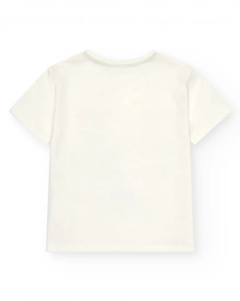 T-shirt écru pour garçon avec imprimé graphique multicolore.