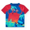 T-shirt de bain bleu pour garçon avec manches rouges et design de crabe