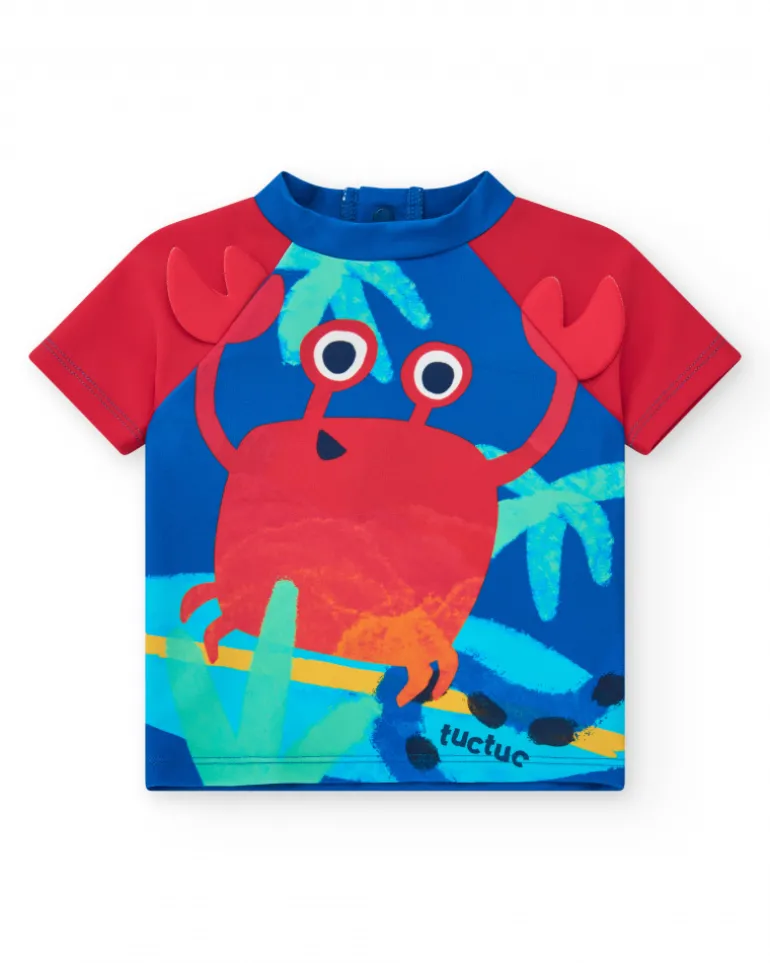 T-shirt de bain bleu pour garçon avec manches rouges et design de crabe