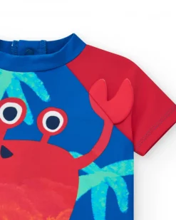T-shirt de bain bleu pour garçon avec manches rouges et design de crabe