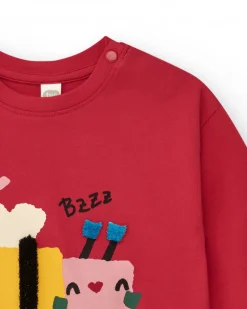 T-shirt en maille pour fille en rouge avec un détail brodé d'abeille Happy Garden