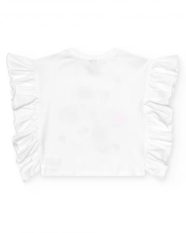 T-shirt en tricot blanc pour fille avec volants et fleur brodée